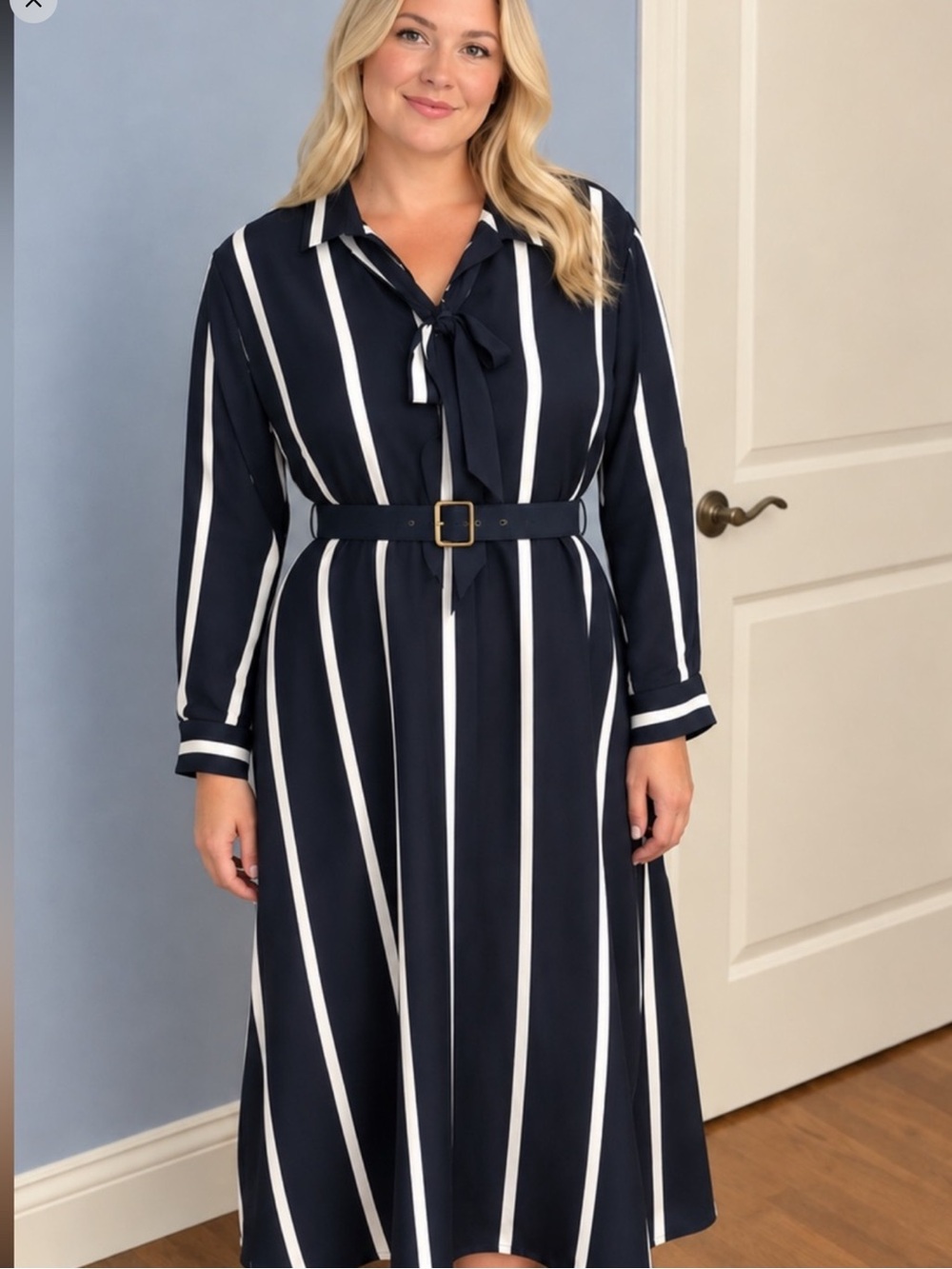 Tommy Hilfiger Navy and White Striped Tie-Neck Midi Dress